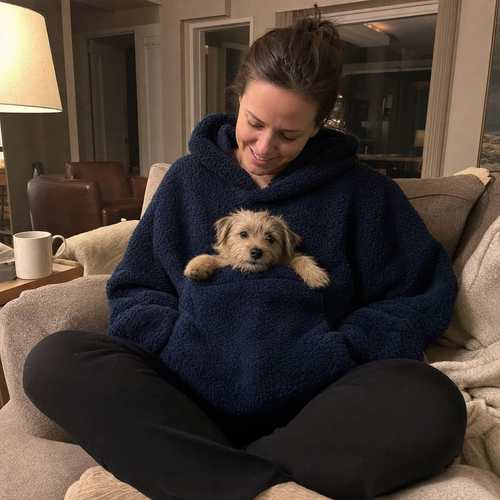 Woman on a sofa wearing the Joey heated hoodie with a small dog tucked in the front pouch